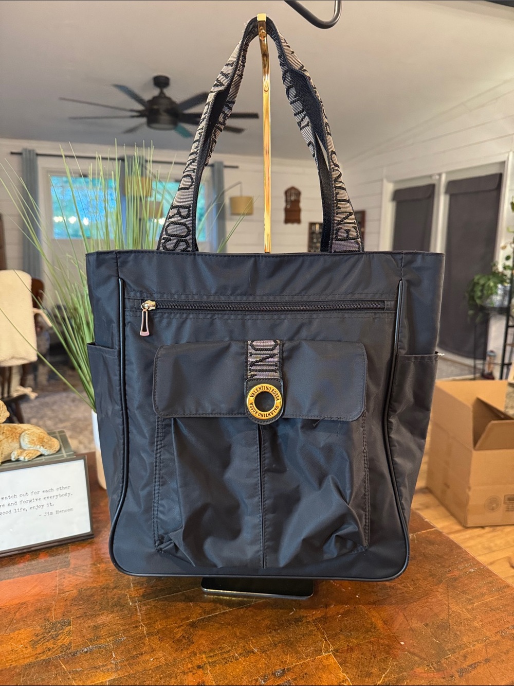 Valentino Black Nylon Tote with Logo Strap